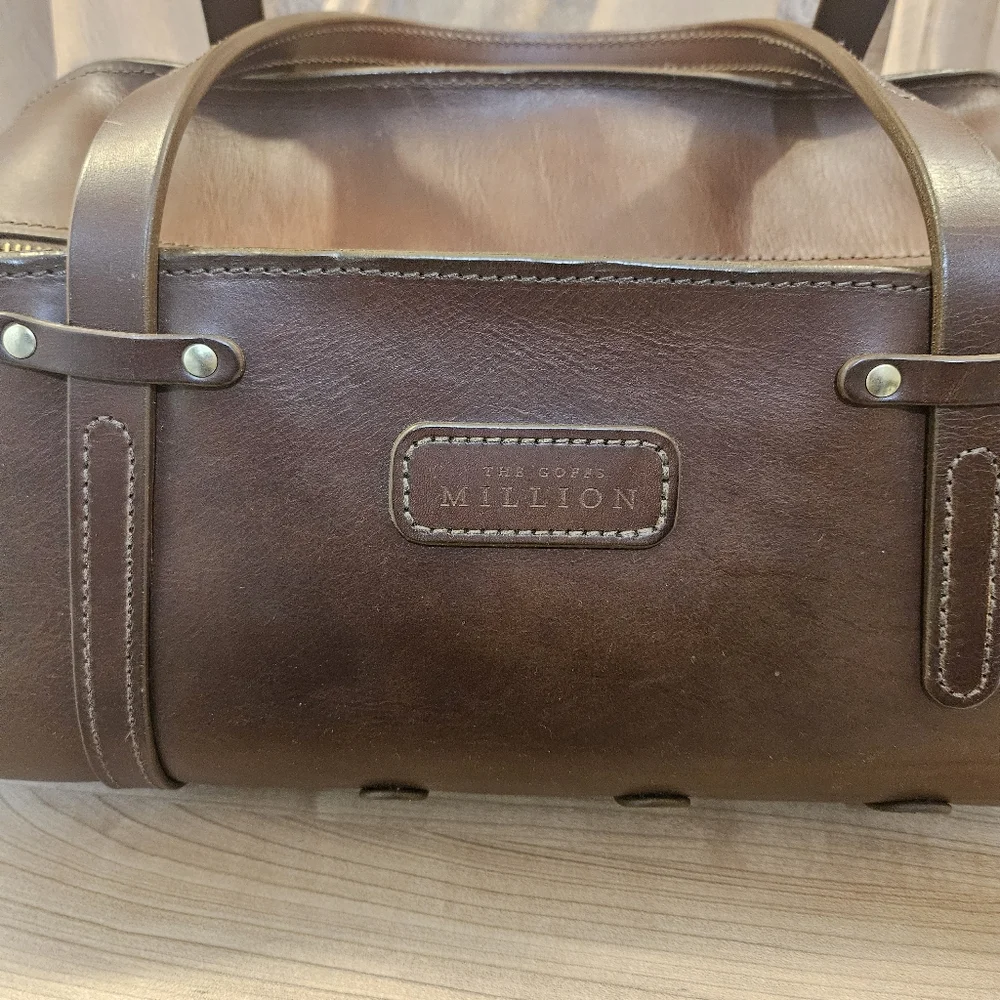 Large De Bruir Atelier Firm Brown Leather Sports Bag and Gray Dust Bag Handmade